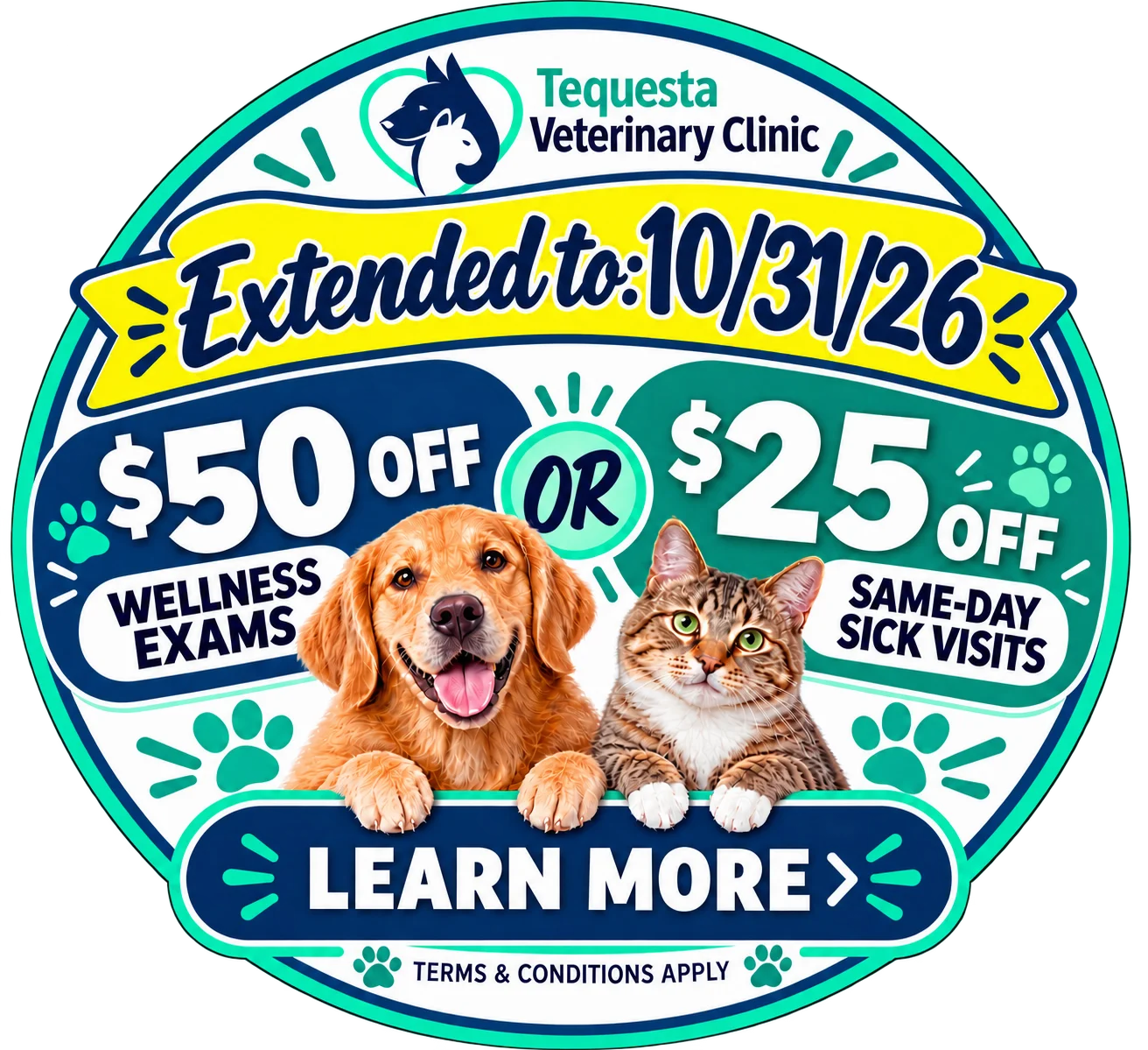Extended to 10/31/26: $50 off wellness exams or $25 off same-day sick visits
